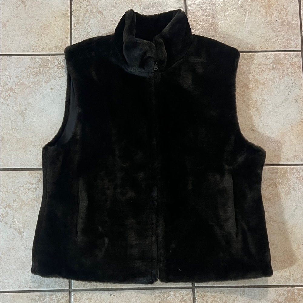 Vintage Bill Blass Chocolate Brown Faux Fur REVERSIBLE Vest, Sz Large